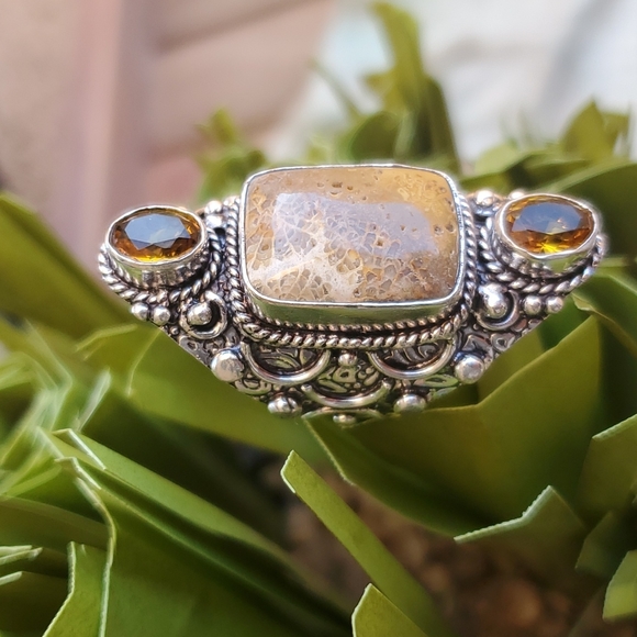 New Oversized Fossil Coral & Citrine 925 Silver Statement Ring. - Picture 11 of 13
